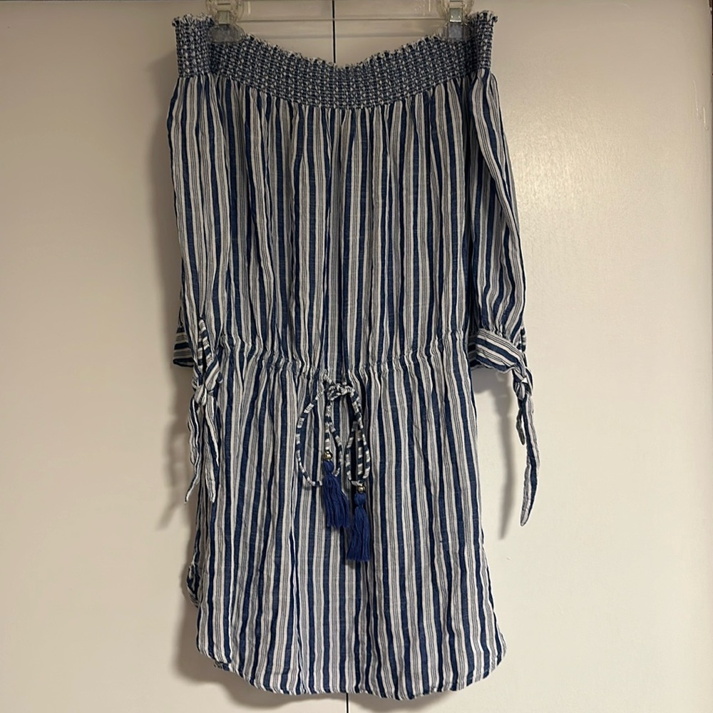 Blue island large off shoulder blue white stripe tasseled waist cover up dress